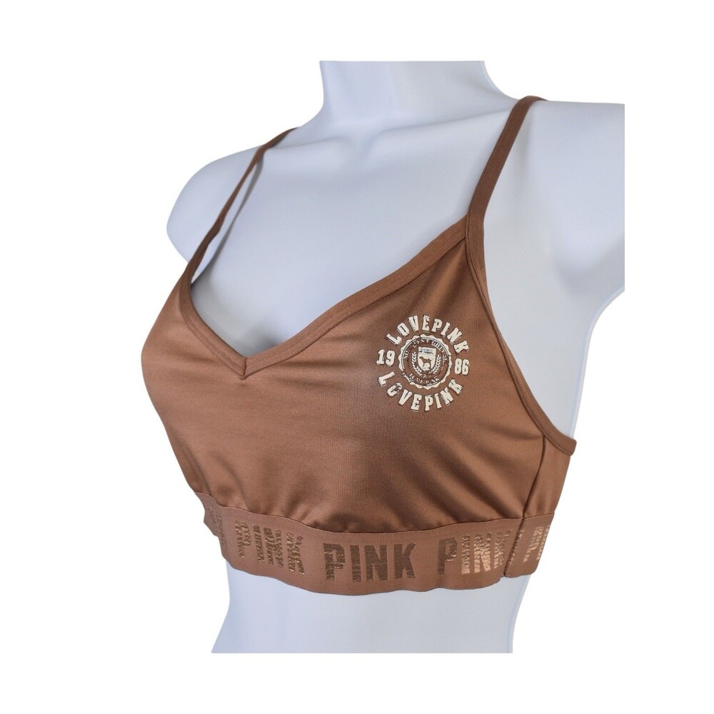 Victoria’s Secret PINK Active Brown Bralette Sports Bra Racerback Logo Size S - Picture 3 of 11